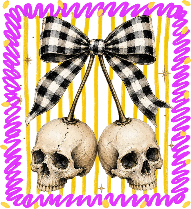 Skull Cherries with Checkered Bow DTF Transfer