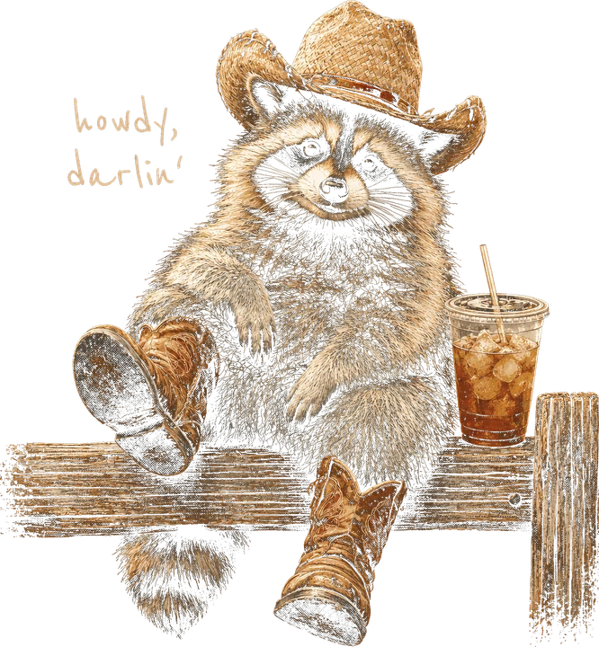 Chàng gấu mèo mặc đồ cao bồi đang chào hỏi bằng câu "Howdy, darlin'" — Hình in chuyển nhiệt DTF
