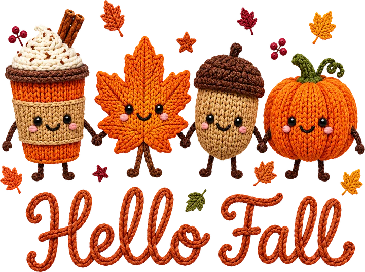 "Hello Fall" - Mga karakter na gawa sa binurdol na tela — DTF Transfer
