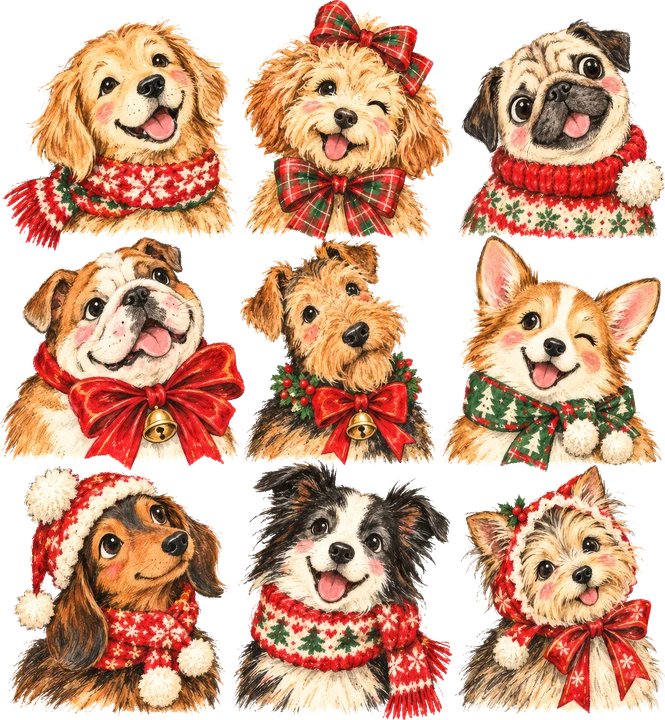 Adorable Dogs in Festive Outfits DTF Transfer