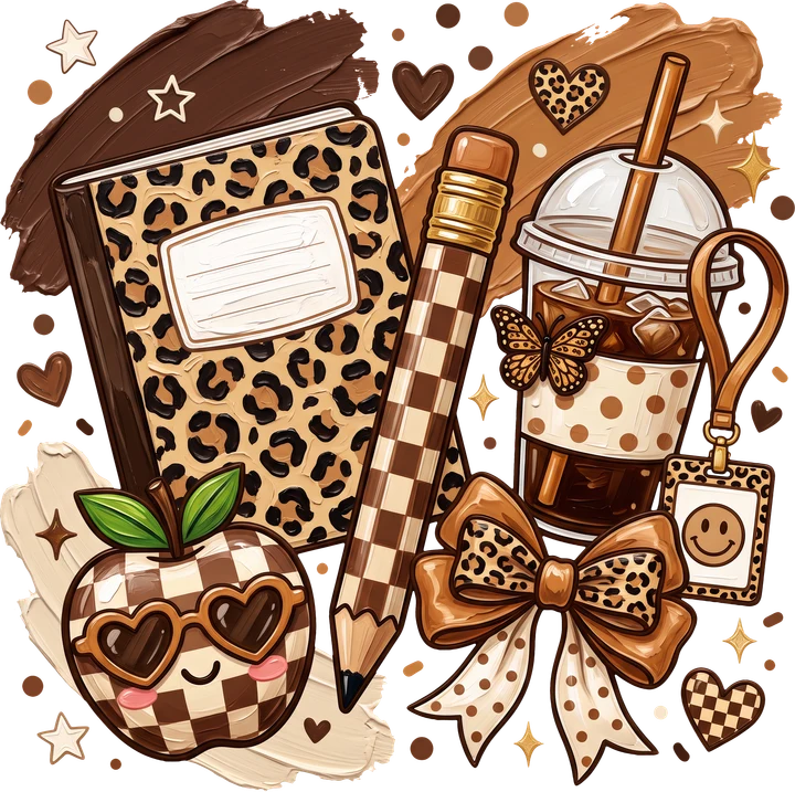 School Supplies with Leopard Print DTF Transfer