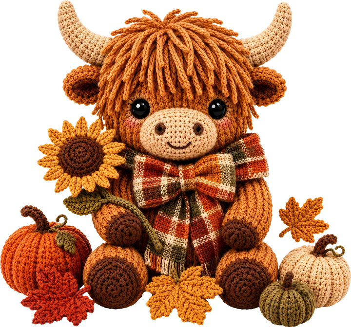 Crochet na larawan ng isang Highland Cow na may sunflower — DTF Transfer