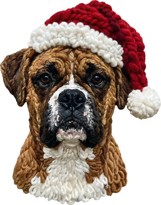 Boxer in Crochet Santa Hat DTF Transfer