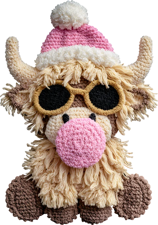 Crochet Cow in Pink Santa Hat DTF Transfer