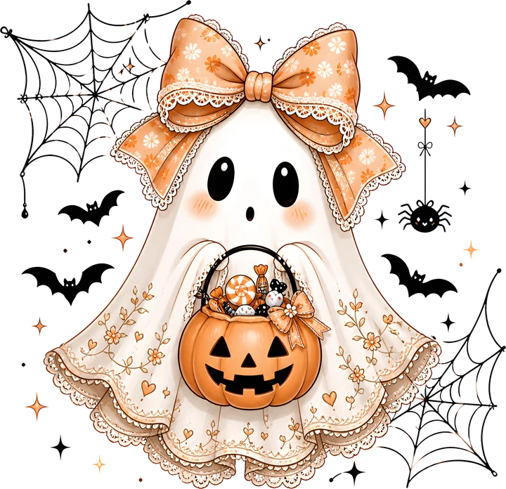 Cute Ghost with Pumpkin Basket DTF Transfer