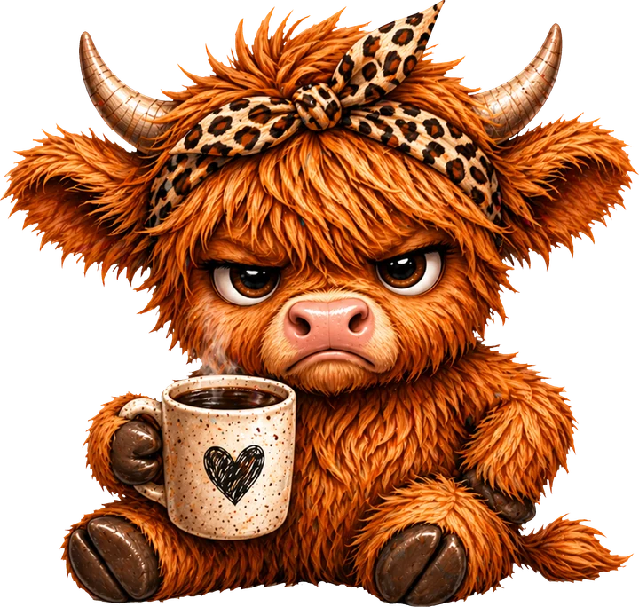 Cute Highland Cow with Coffee DTF Transfer