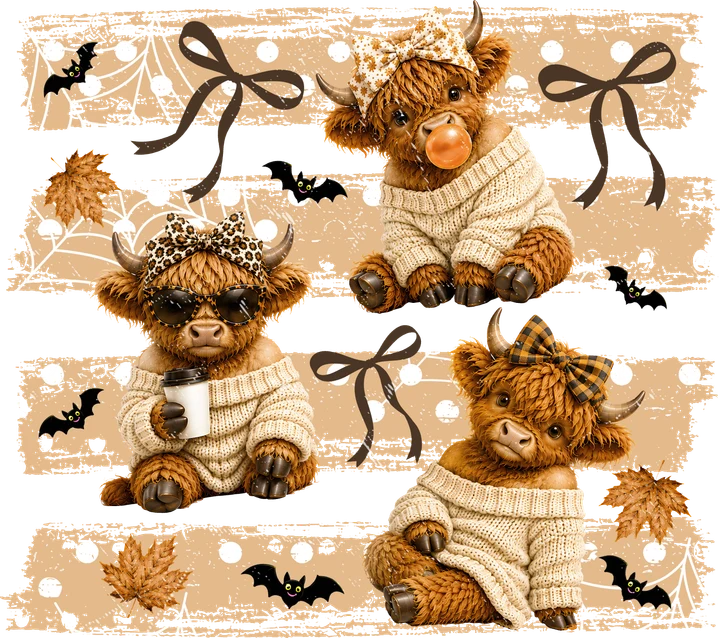 Cute Highland Cows with Halloween Accessories DTF Transfer