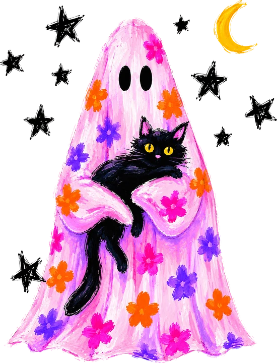 Fantasma rosa con gato negro — Transfer DTF