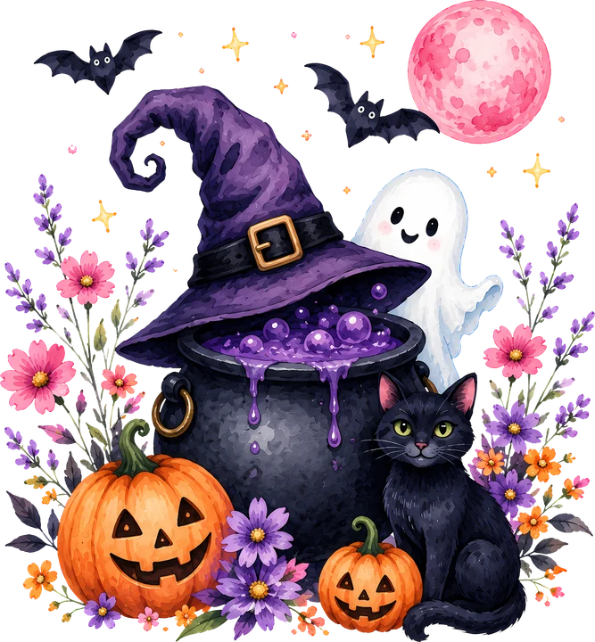 Witch's Cauldron with Ghost and Cat DTF Transfer