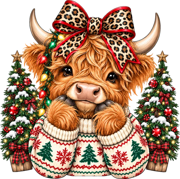 Highland Cow in Festive Sweater DTF Transfer
