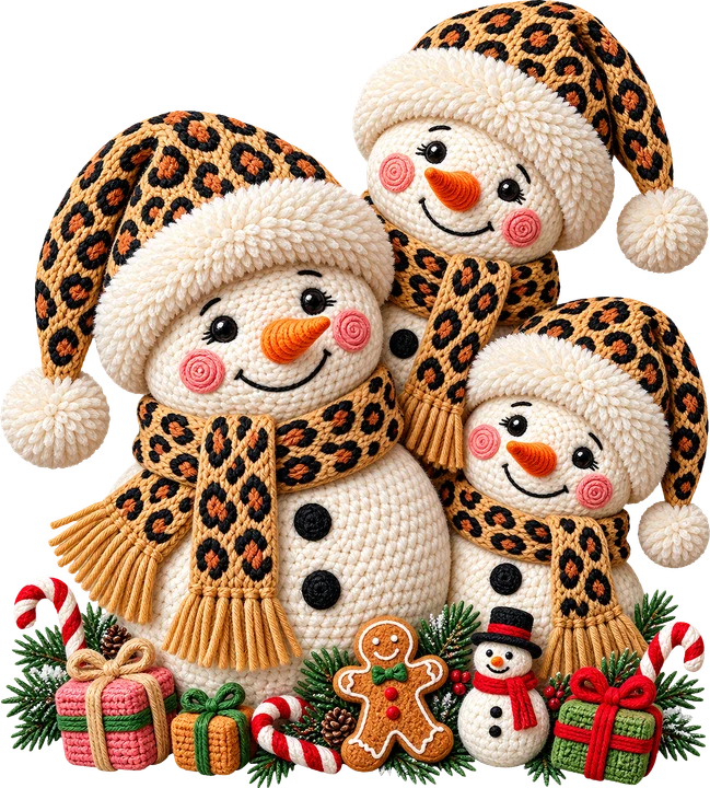 Tres muñecos de nieve con estampado de leopardo — Transfer DTF