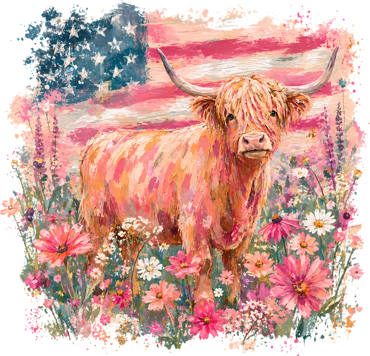 Highland Cow in American Flag Field DTF Transfer