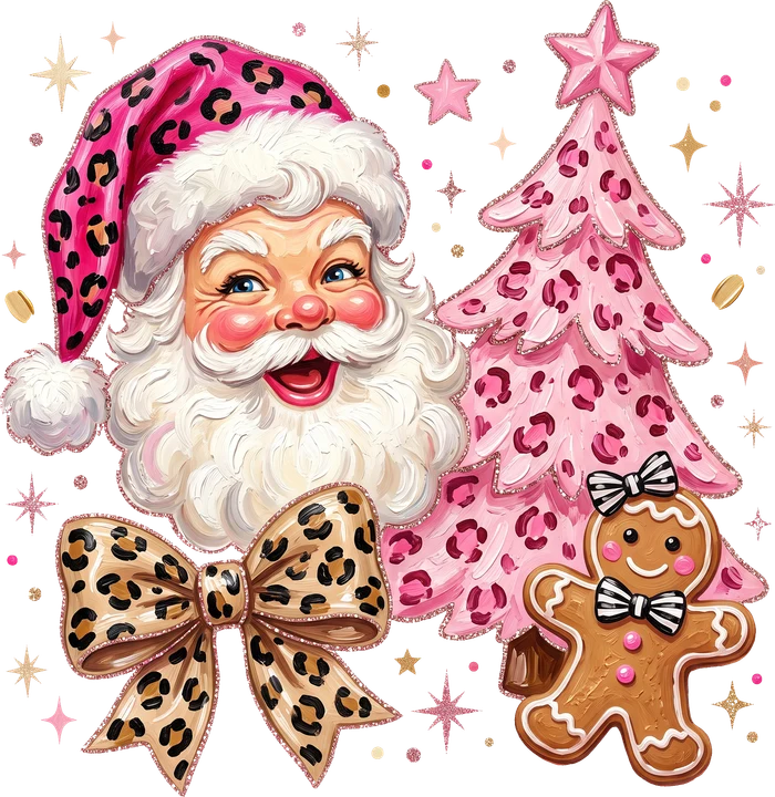 Papá Noel con estampado de leopardo rosa y galletas de jengibre — Transfer DTF