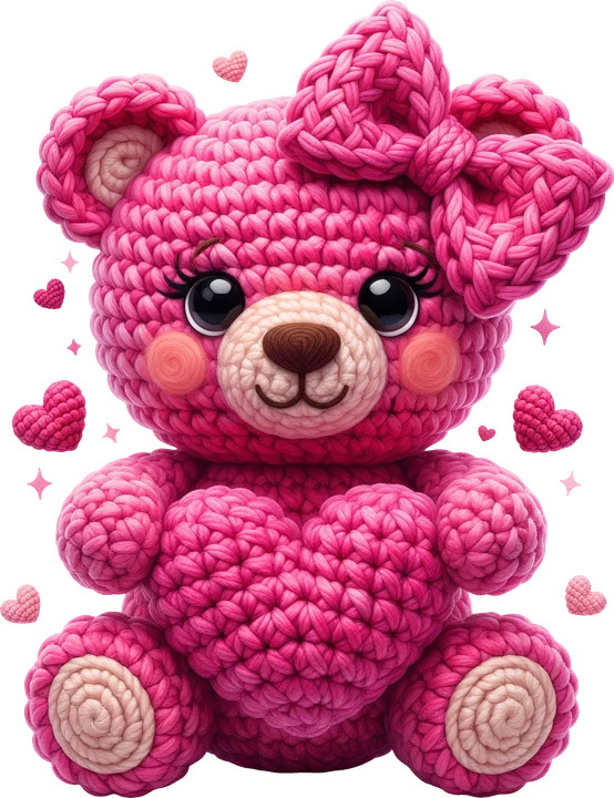 Pink Crochet Bear with Heart Bow DTF Transfer