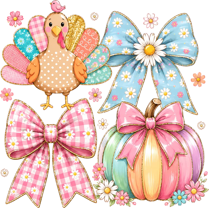 Turkey, Pumpkins, and Bows DTF Transfer