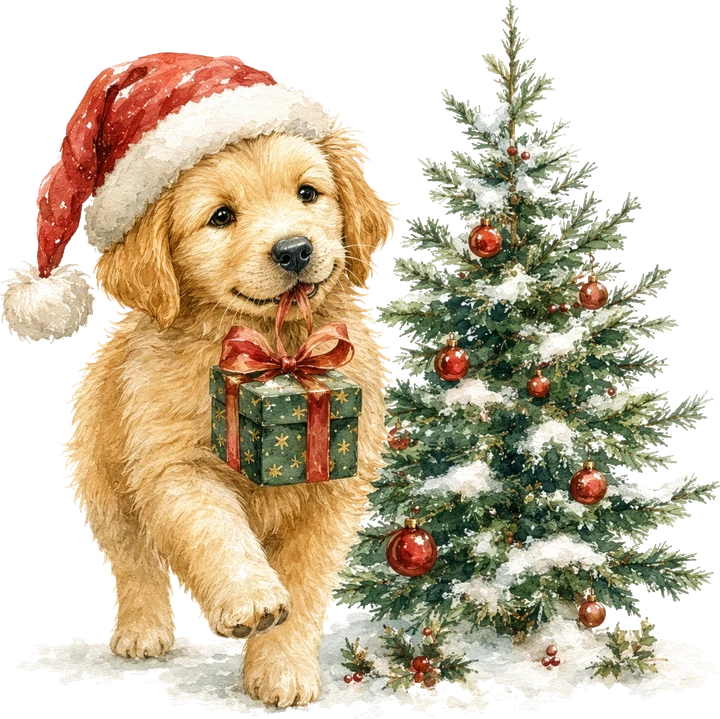 Cachorrito dorado con regalo — Transfer DTF