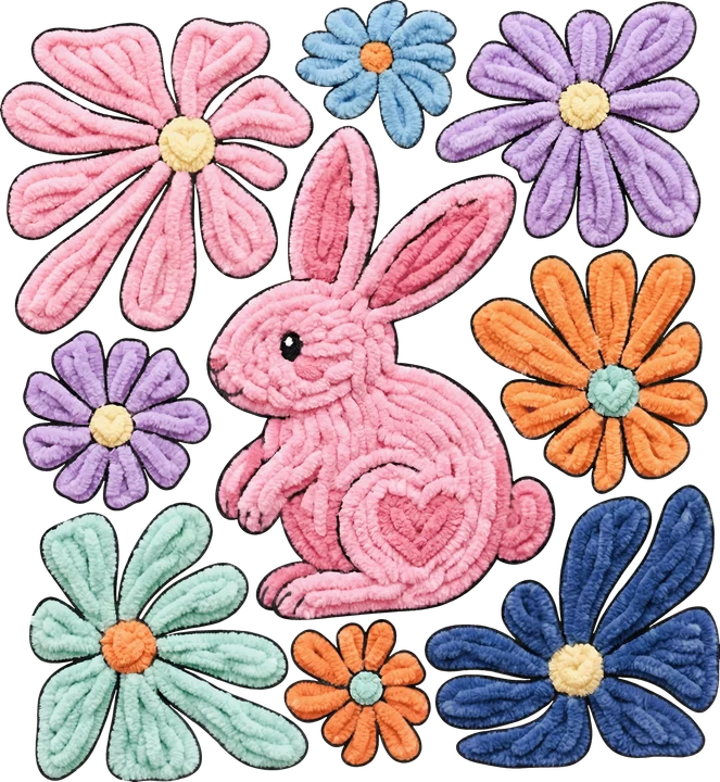 Pink Bunny Among Colorful Flowers DTF Transfer