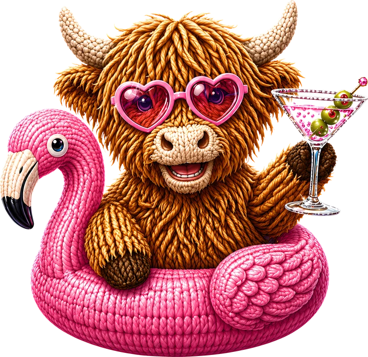 Cute Highland Cow on Flamingo Float DTF Transfer