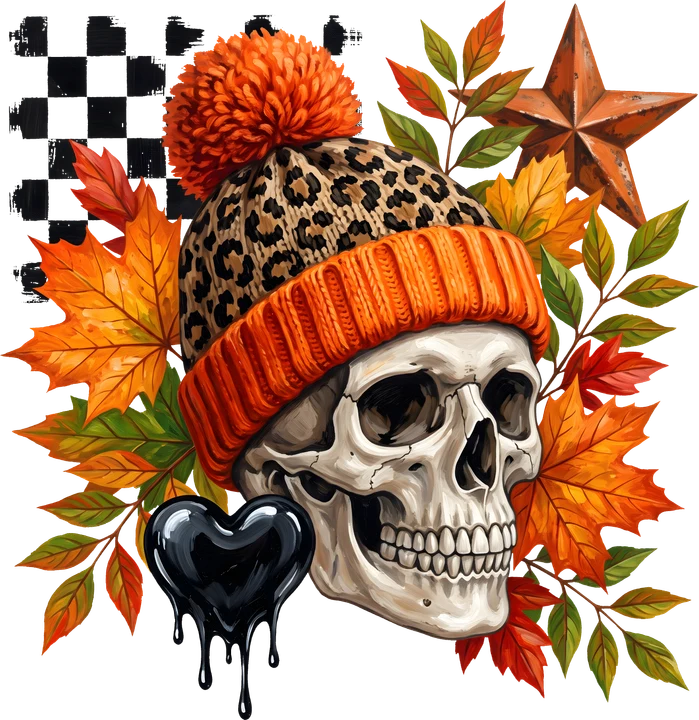 Skull in Leopard Beanie DTF Transfer