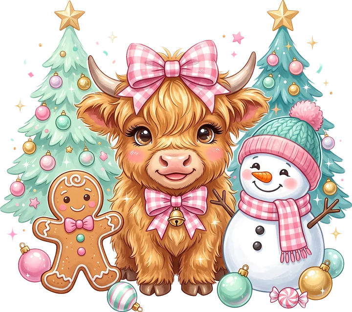 Cute Highland Cow with Snowman DTF Transfer