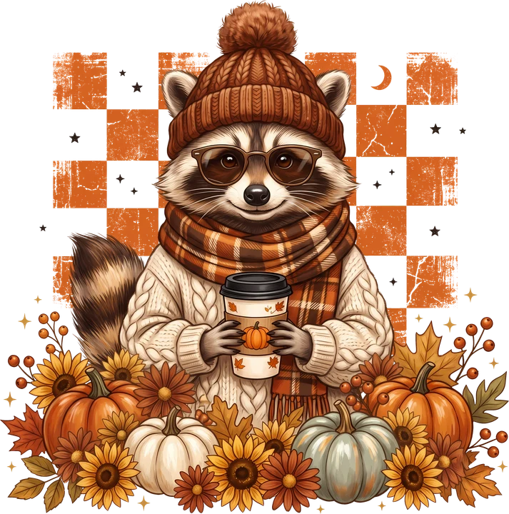 Mapache adorable con decoración otoñal — Transfer DTF
