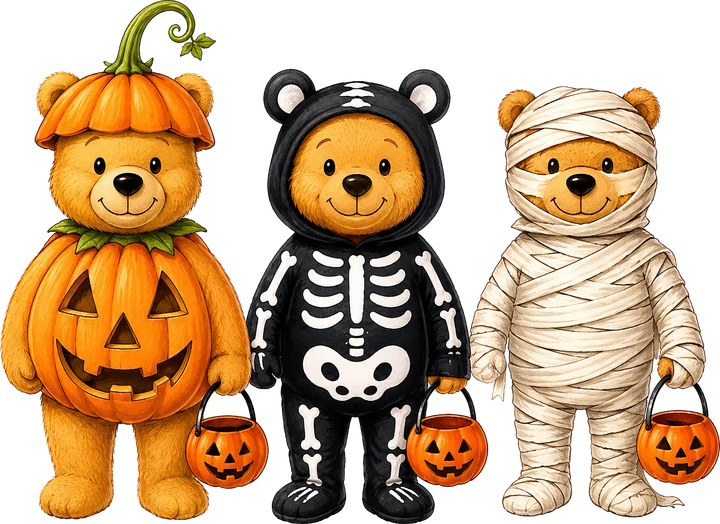 Mga laruan na hugis oso na nakasuot ng mga kasuotan para sa Halloween — DTF Transfer