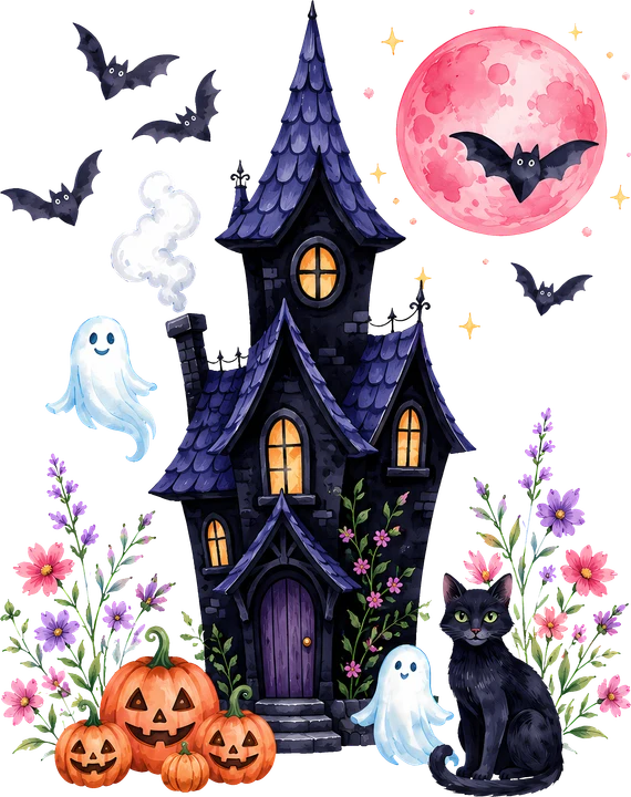 Haunted House with Ghosts and Bats DTF Transfer