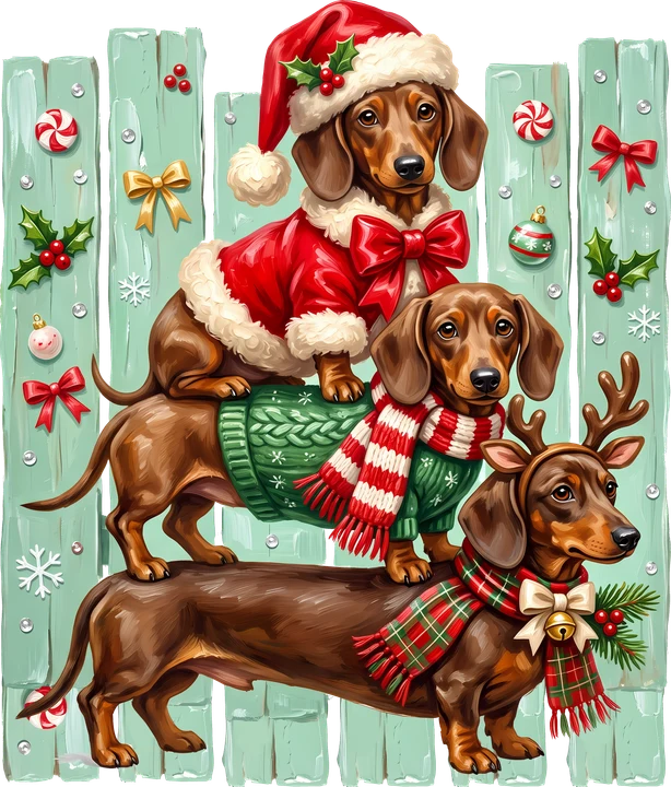 Tres perros salchicha vestidos con trajes navideños — Transfer DTF