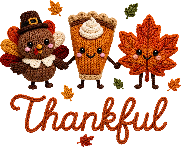 "Thankful" Pabo na may sombrero ng mga pilgrim, pie, at dahon — DTF Transfer