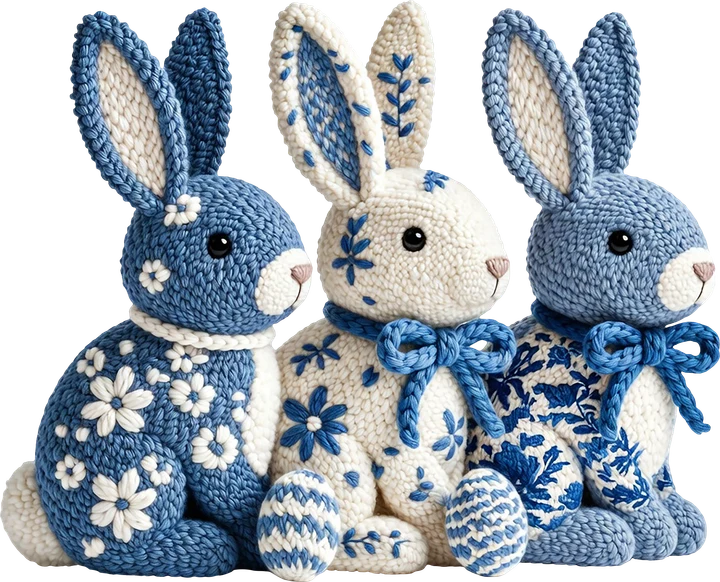 Blue and White Crochet Bunnies DTF Transfer
