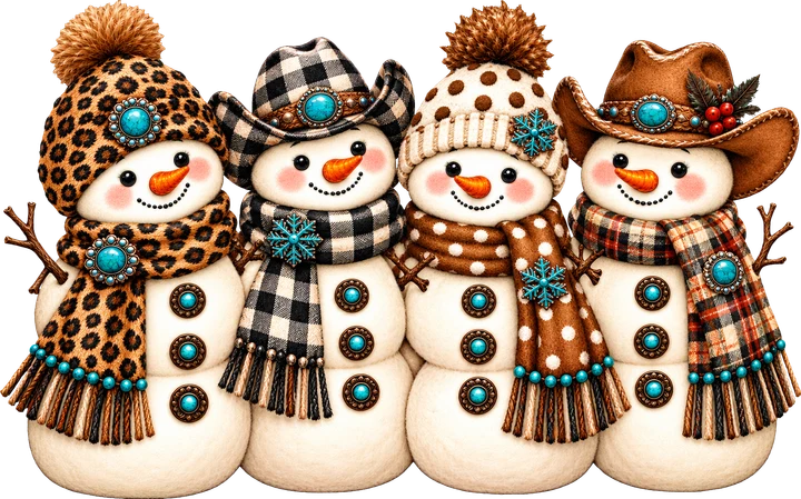 Cuatro muñecos de nieve con sombreros de vaquero — Transfer DTF