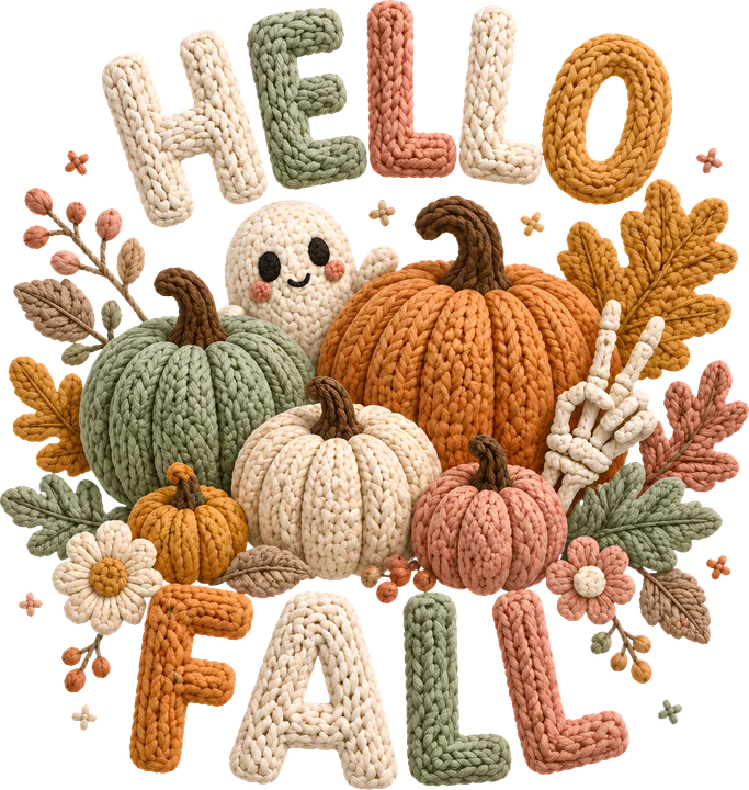 "HELLO FALL" - Bố trí hoa quả nhựa hình quả bí, kiểu đan — Hình in chuyển nhiệt DTF