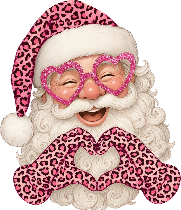 Pink Leopard Santa with Heart Glasses DTF Transfer