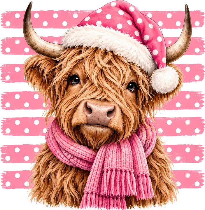 Vaca de las Tierras Altas con un gorro de Papá Noel rosa — Transfer DTF