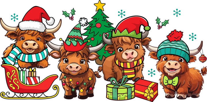Highland Cows in Christmas Hats DTF Transfer