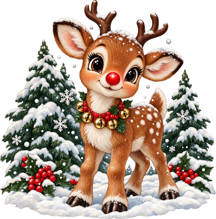 Cute Reindeer with Red Nose DTF Transfer