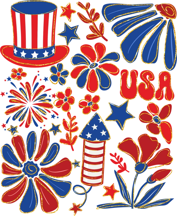 Patriotic USA Floral and Fireworks DTF Transfer