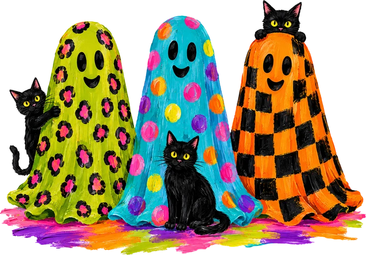 Colorful Ghosts with Black Cats DTF Transfer