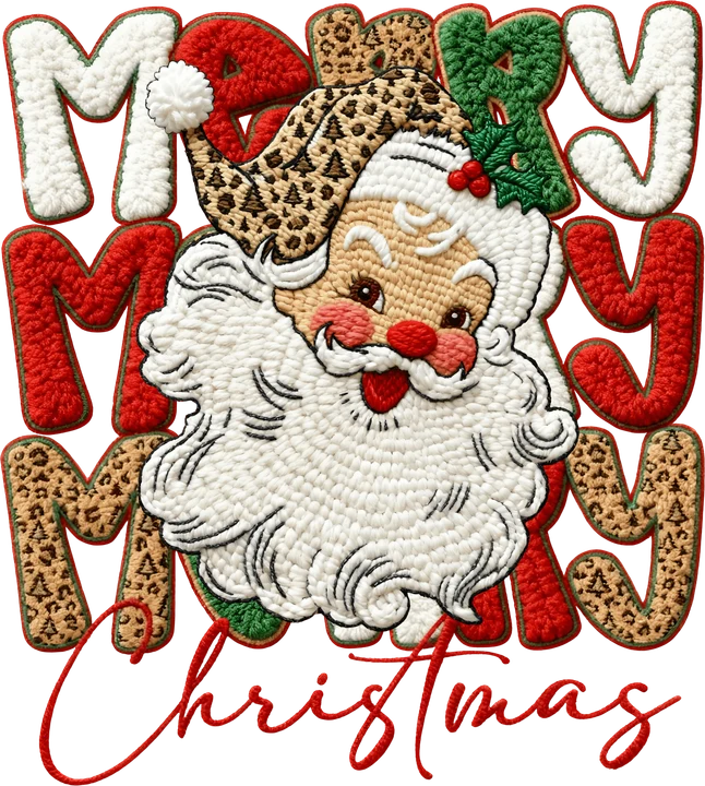 "MERRY" "Christmas" Santa Claus na may sombrero na may disenyo ng leopard — DTF Transfer