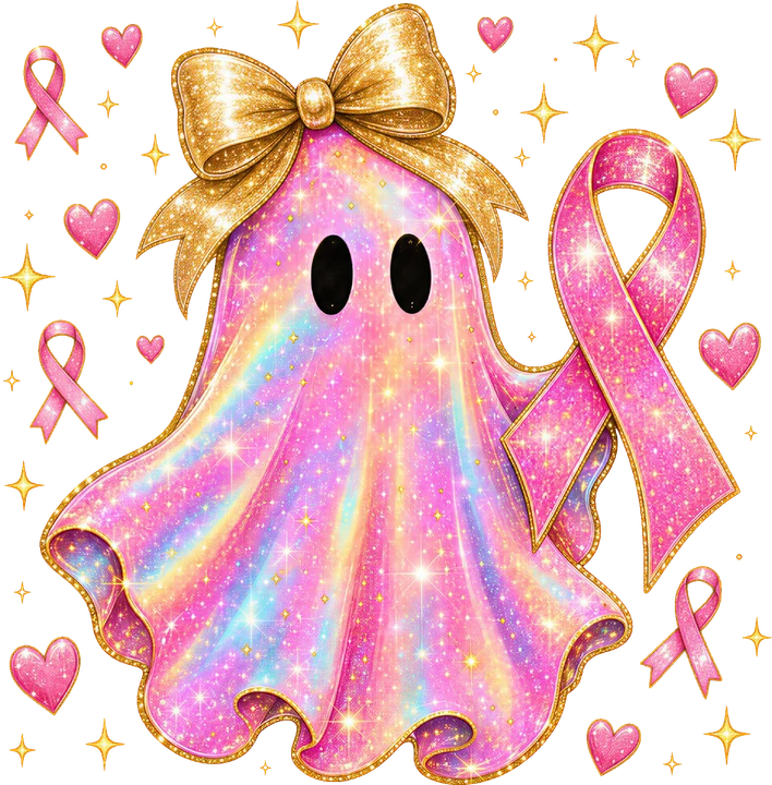 Sparkly Ghost with Pink Ribbon DTF Transfer